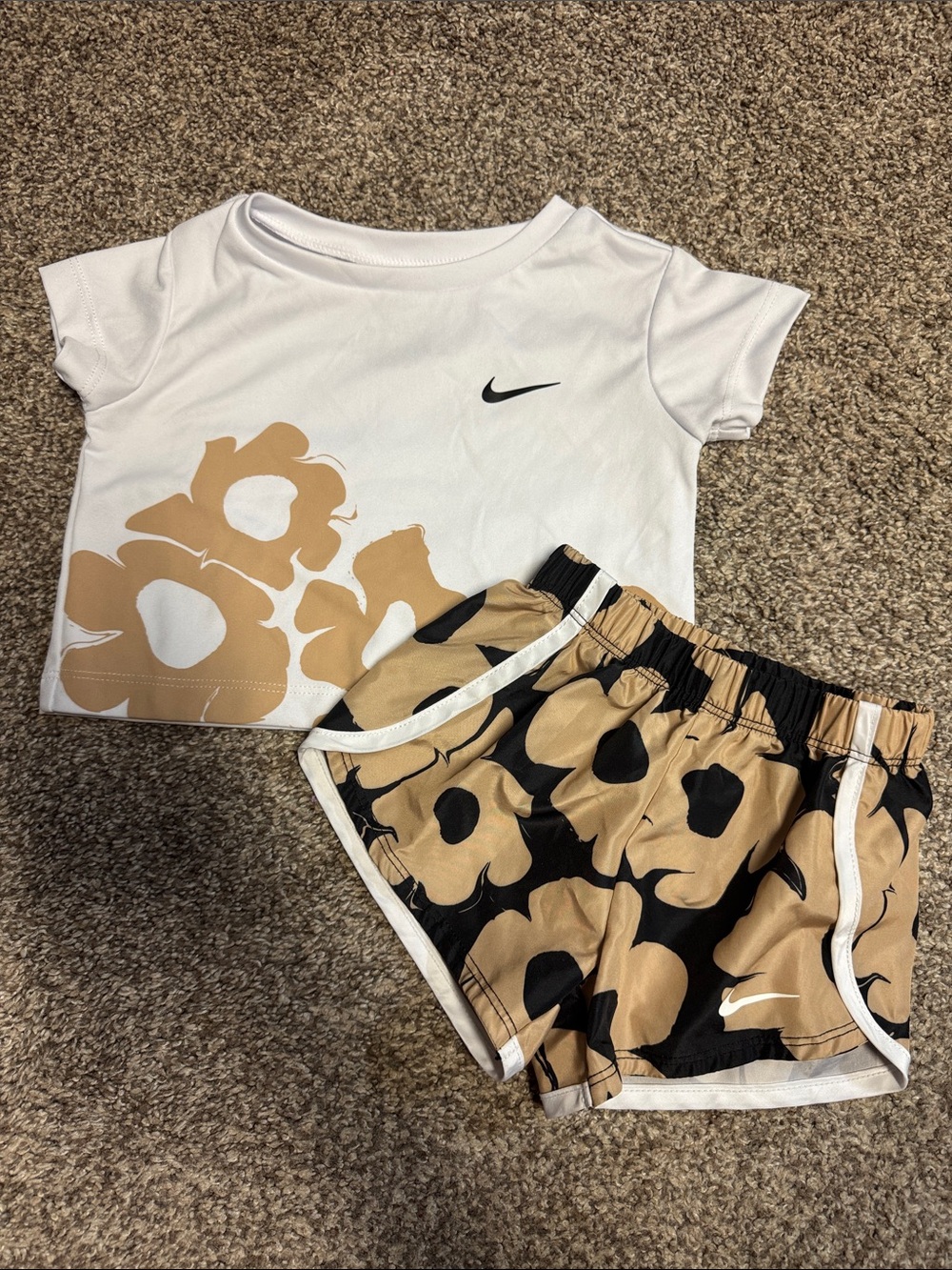 Nike White Crop Tee & Tan Black Floral Running Shorts Set Girls 12months